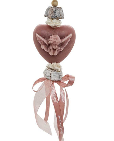Vintage stílusú, rózsa illatú kézműves illatfüzér, angyal figurás szív formájú krémviasz dísszel