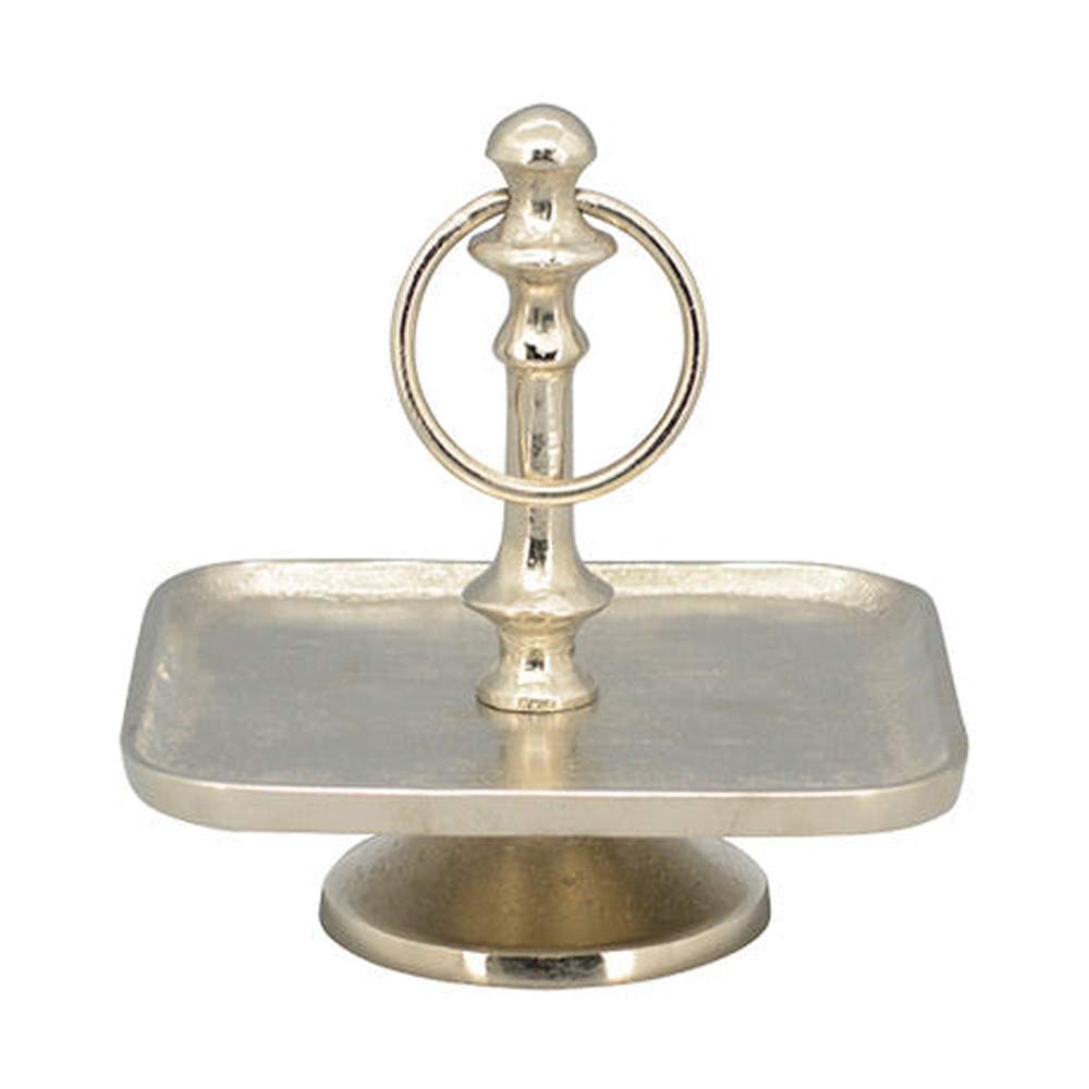 Galmour stílusú, szögletes formájú, ezüstszínű, egyszintes, fém süteménykínáló állvány.