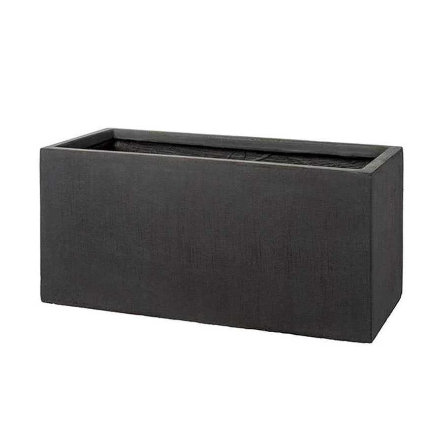 Two dark anthracite fibreclay planters a larger and a smaller one arranged together