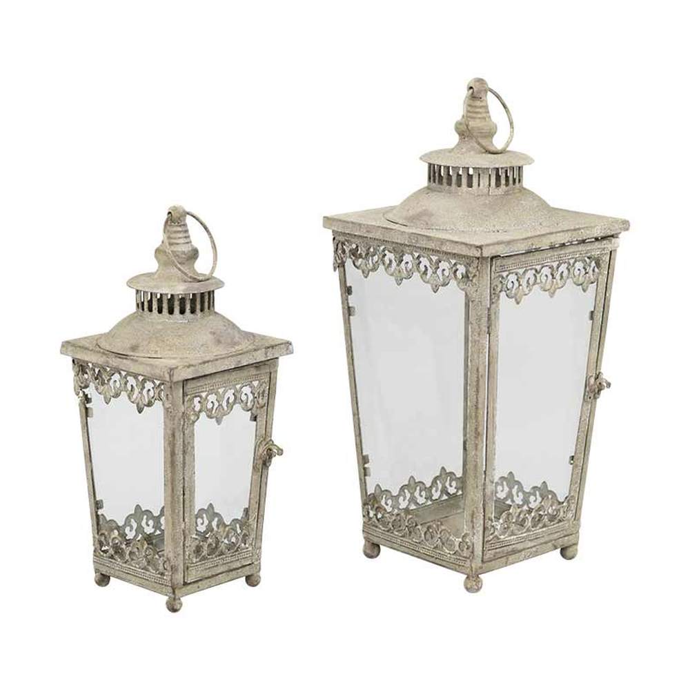 Antik szürke színű patinás fémből készült, 36 és 46 cm magas dekoratív fém lámpásszett