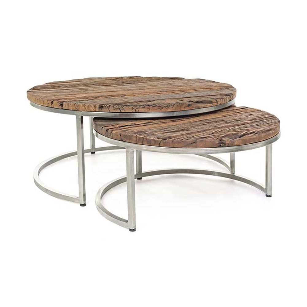 Loft stílusú, újrahasznosított fából és acélból készült, kétrészes, kör alakú dohányzóasztal szett.