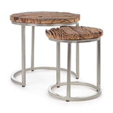 Loft stílusú, újrahasznosított fából és acélból készült, kétrészes, kör alakú dohányzóasztal szett.