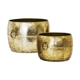 Kortárs, modern stílusú, antik arany színű, 28 és 31 cm átmérőjű, fém kaspó szett.