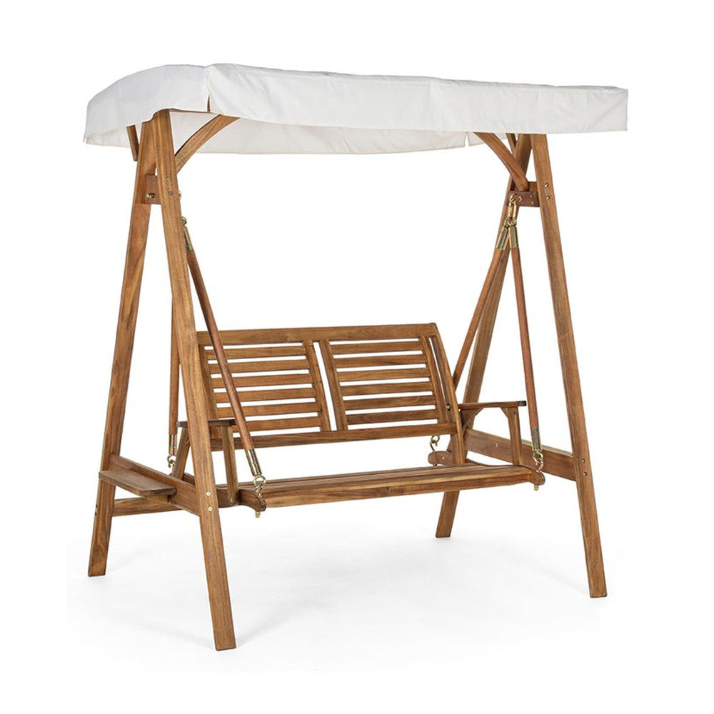 Akácfából készült, 185 cm hosszú és 188 cm magas, kétszemélyes kerti hintaágy.