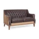 Loft stílusú, sötétbarna bőrrel kárpitozott kőrisfa kanapé.