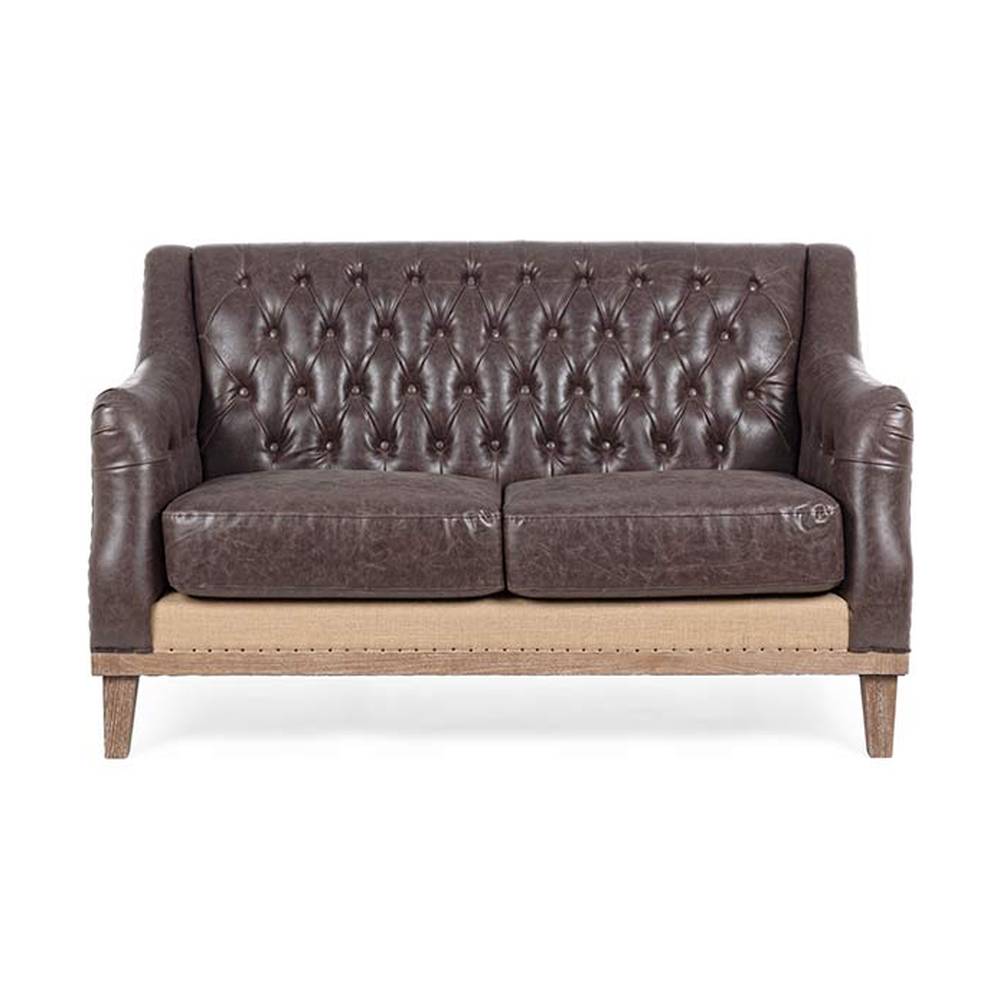 Loft stílusú, sötétbarna bőrrel kárpitozott kőrisfa kanapé.