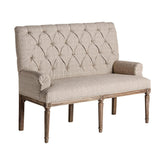 Klasszikus, koloniál stílusú, mangófából készült, ekrü színű, vászon hatású poliészter kárpittal kárpitozott 2 személyes szófa.