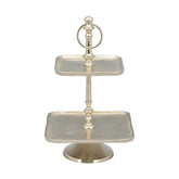 Szögletes formájú, ezüst színű, 2 emeletes fém kínáló állvány