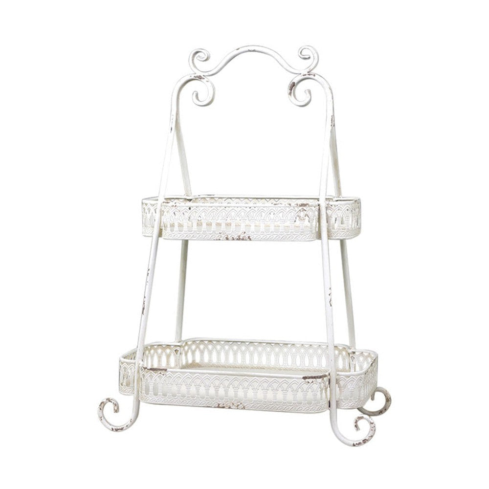 Shabby Chic stílusú, fémcsipkével díszített 2 szintes kínáló állvány.