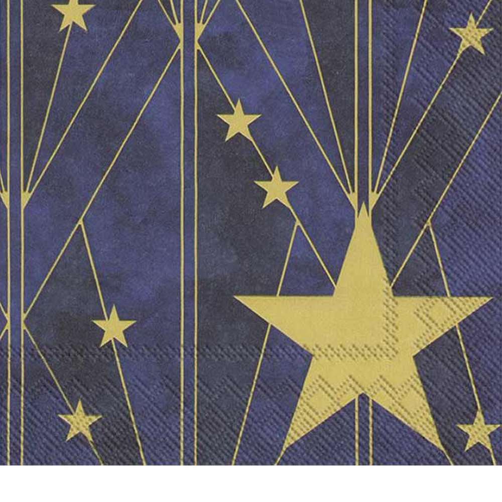 Art Deco stílusú, arany színű csillaggal díszített, extra minőségű, természetes úton fehérített, három rétegű, kék színű karácsonyi papírszalvéta.