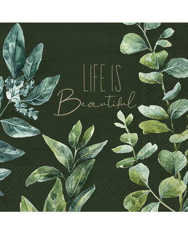 Extra minőségű, zöld eukaliptuszokkal díszített, "Life is Beautiful" feliratú, természetes úton fehérített három rétegű puha papírszalvéta, 20 darabos kiszerelésbe csomagolva