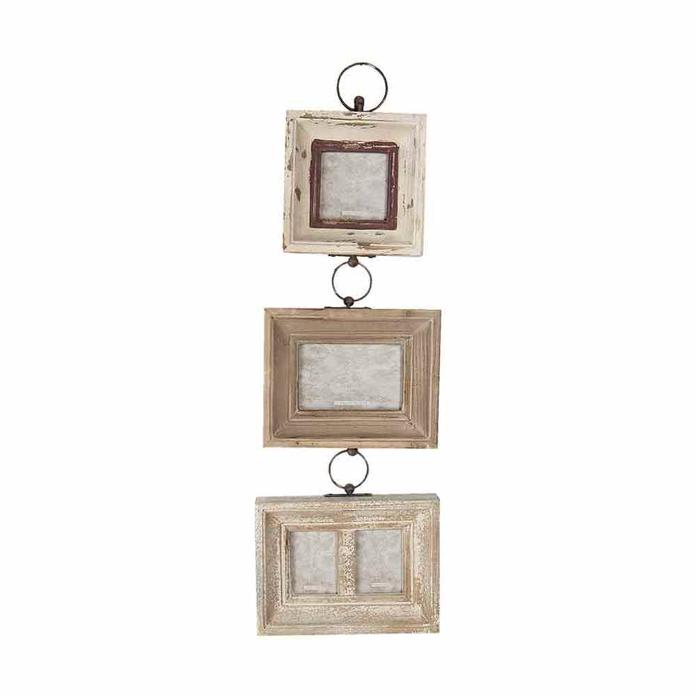 Vidéki vintage stílusú, fából készült, antikolt felületű, 3 db-os fali fényképtartó képkeret