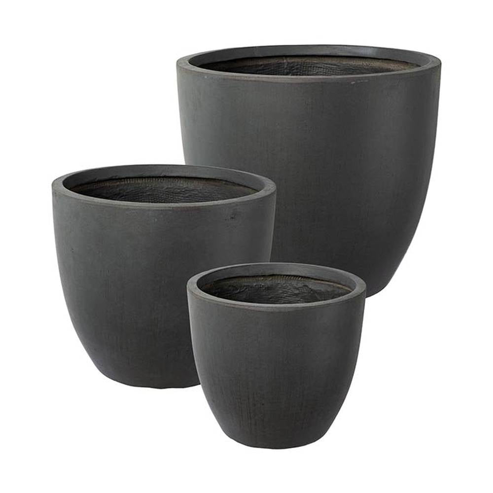 Prémium minőségű, nagyméretű, 25, 35 és 44 cm átmérőjű, fagyálló műgyantából készült, modern kortárs stílusú, beton hatású, antracit fekete színű kültéri kaspószett