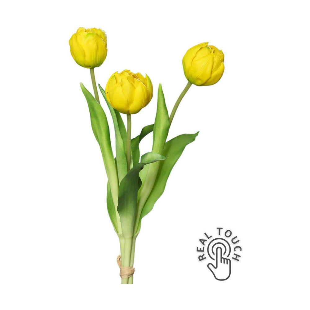 3 szálból álló, sárga színű tulipáncsokor művirág.