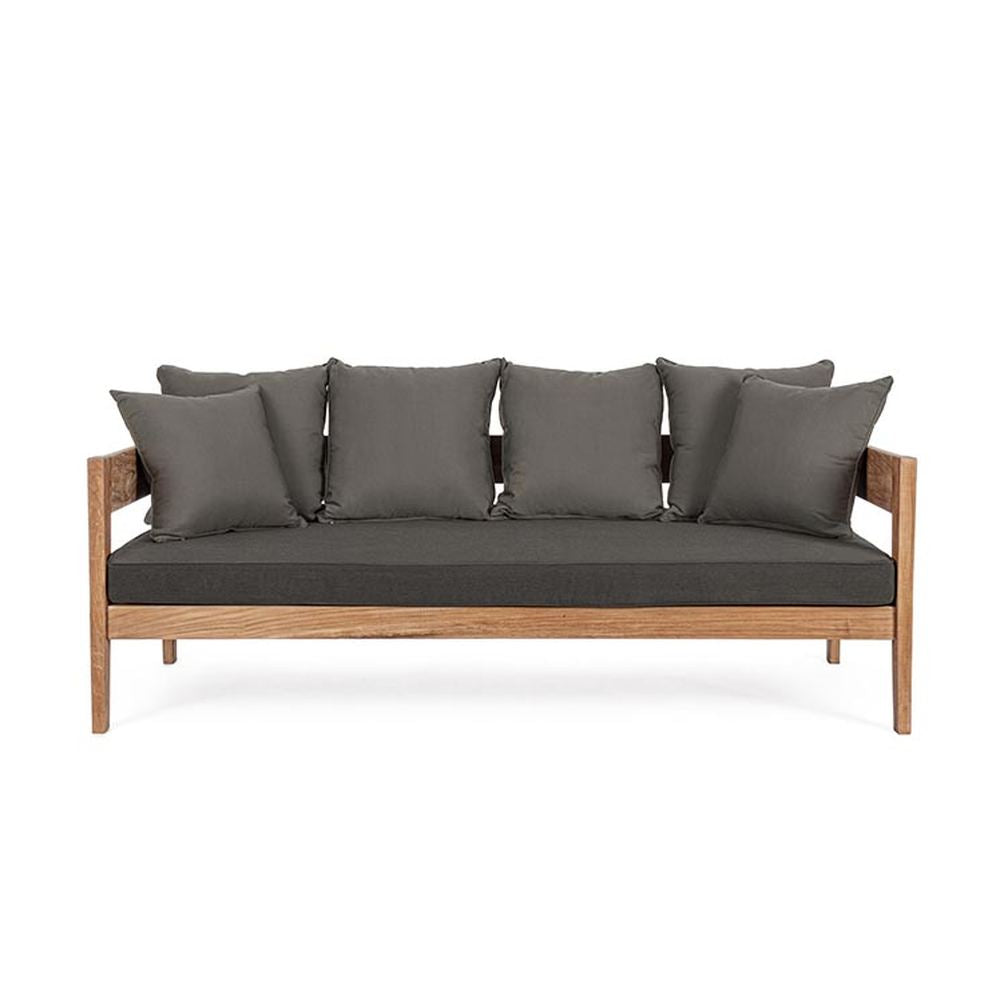 Prémium kategóriás, kortárs keleti stílusú,190 cm hosszú és 90 cm széles 3 személyes teakfa kanapé sötétszürke UV álló párnákkal