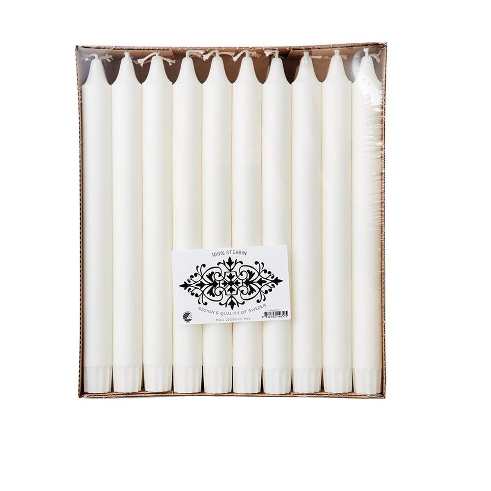 30 darabos sztearin alapú, 25 cm-es fehér gyertyaszett.