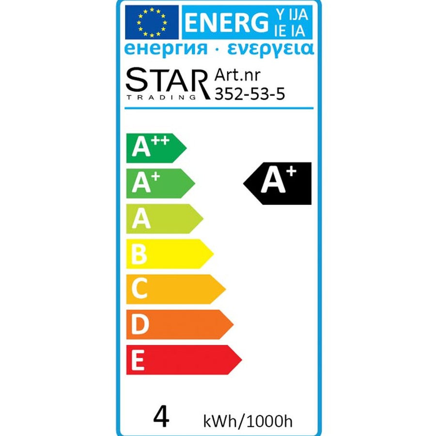 European energy label for LED decorative bulb showing A++ to E scale and 4 kWh per 1000h