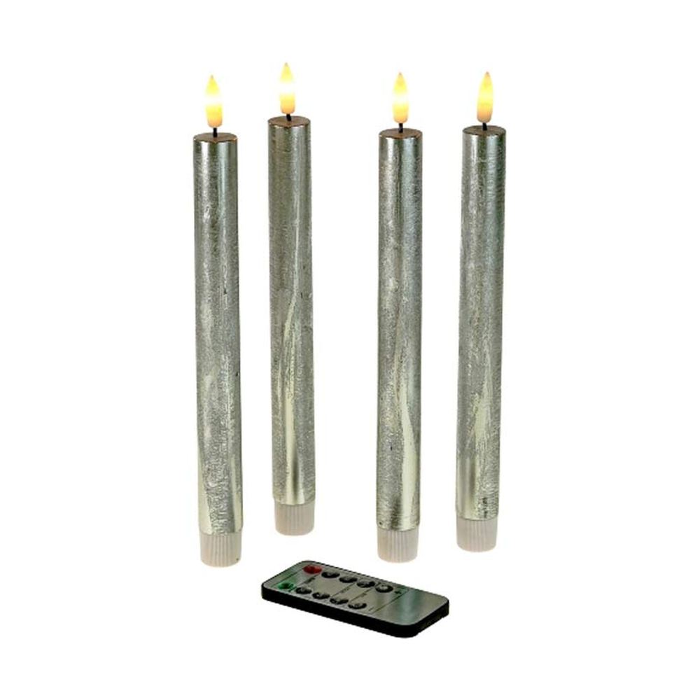 4 darabos, élethű megjelenésű, ezüstszínű, valódi viaszból kialakított, időzítővel rendelkező, távirányítós, dimmelhető, 24,5 cm magas LED gyertya.