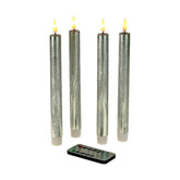 4 darabos, élethű megjelenésű, ezüstszínű, valódi viaszból kialakított, időzítővel rendelkező, távirányítós, dimmelhető, 24,5 cm magas LED gyertya.