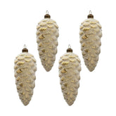 Négy darabos, vintage stílusú, 8 cm átmérőjű és 18 cm magas, tobozformájú, deres felületű, aranyszínű üveg karácsonyfadísz szett.