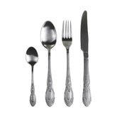 Ezüst színű, vintage stílusú, rozsdamentes acélból készült négydarabos evőeszközkészlet.