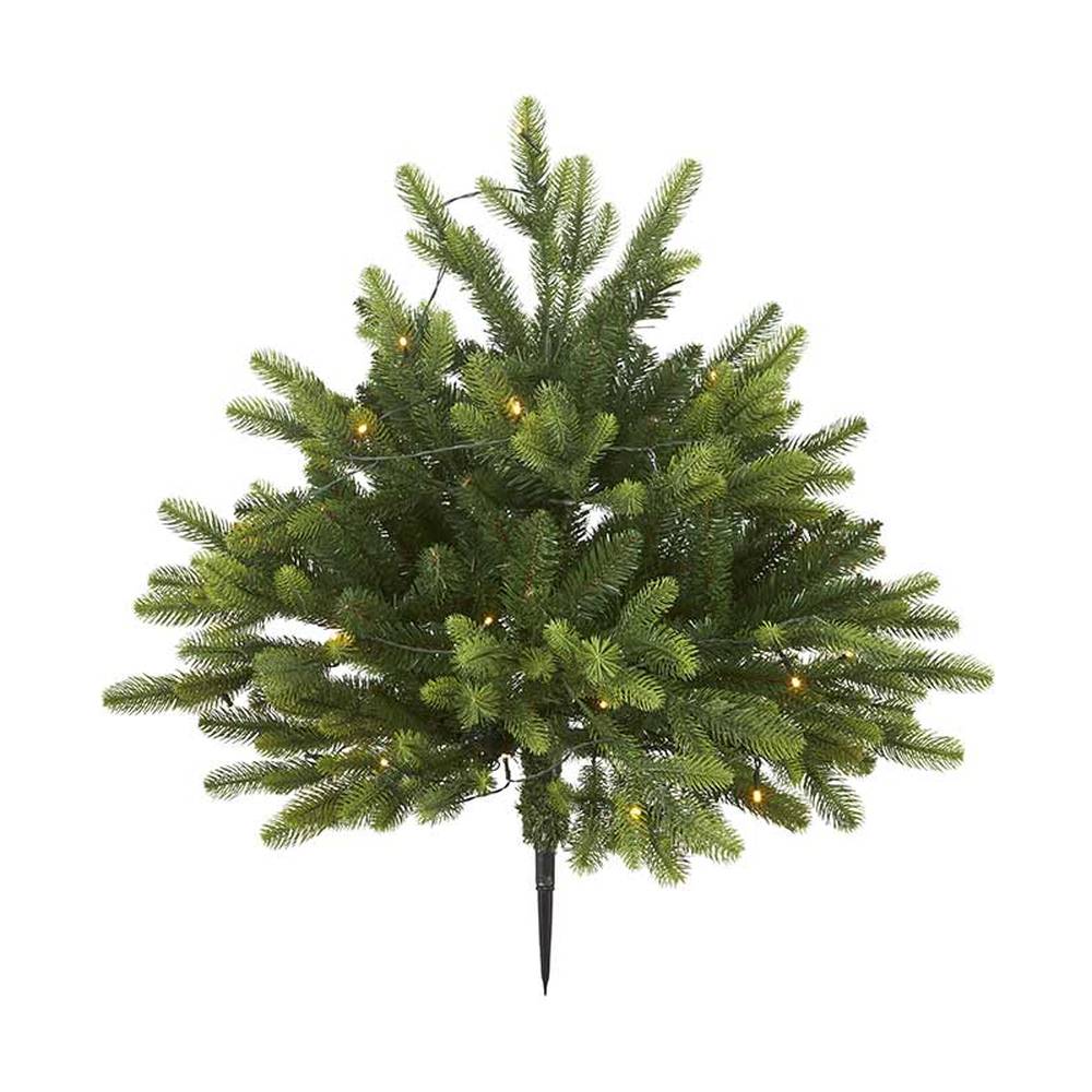 Mesterséges, 80 cm átmérőjű és 75 cm magas, kül és beltérben is egyaránt használható, 40 db meleg fehér fényű, időzítővel ellátott LED világítással felszerelt, élethű dekorációs betűzős műfenyő