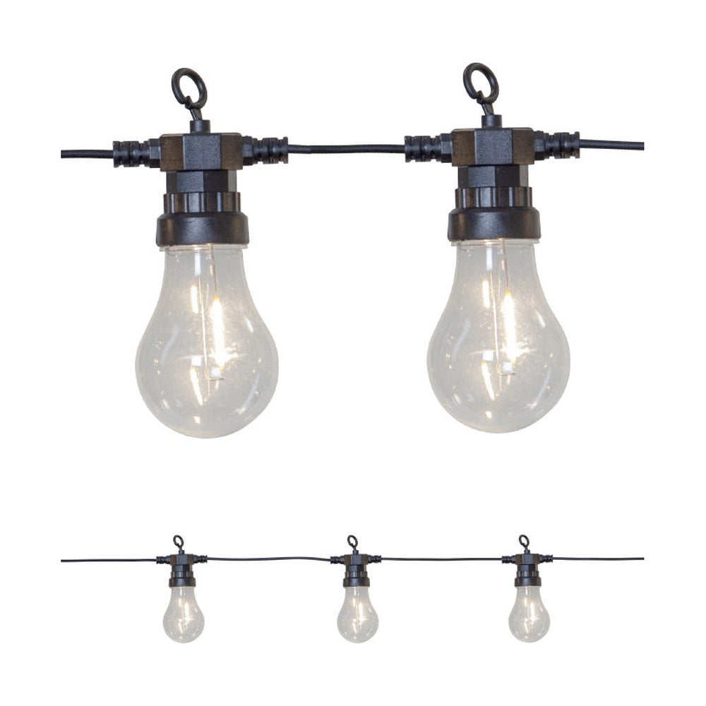 Kültéri LED dekorációs izzósor. 10 darab áttetsző búrás izzóval, fekete kábellel.