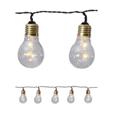 Elemmel működő kültéri dekorációs izzósor 5 db átlátszó üvegű izzóval.