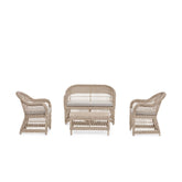 Vidéki vintage stílusú, négyrészes, natúr színű műrattan kerti ülőgarnitúra.