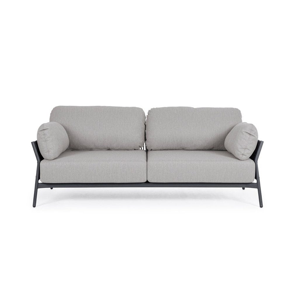 Kétszemélyes, kortárs stílusú, fekete és szürke színű kültéri, kerti kanapé.