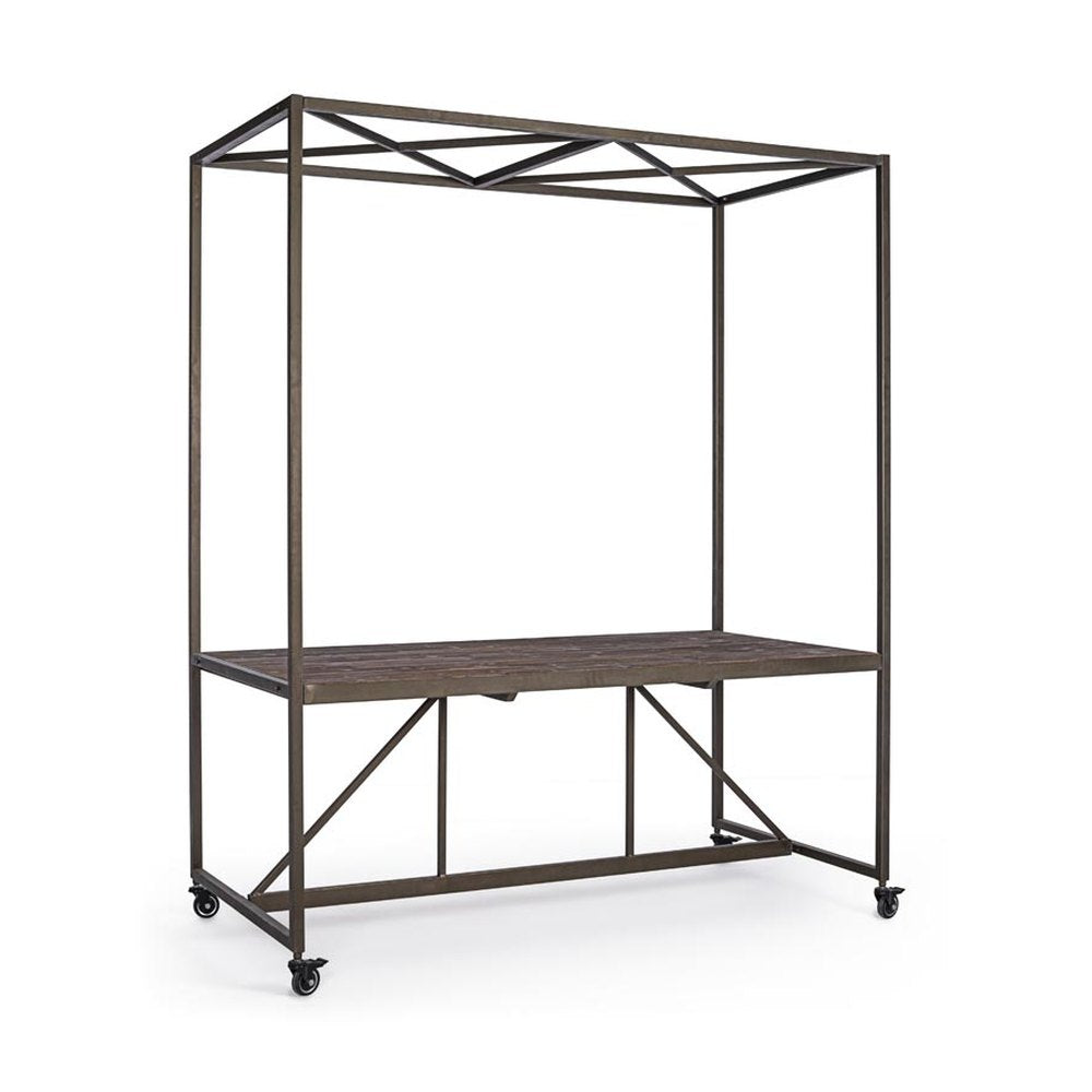 Industrial stílusú kiállítóasztal fémvázzal és jegenyefenyő asztallappal. A bútor négy lefékezhető gumikerékkel rendelkezik.