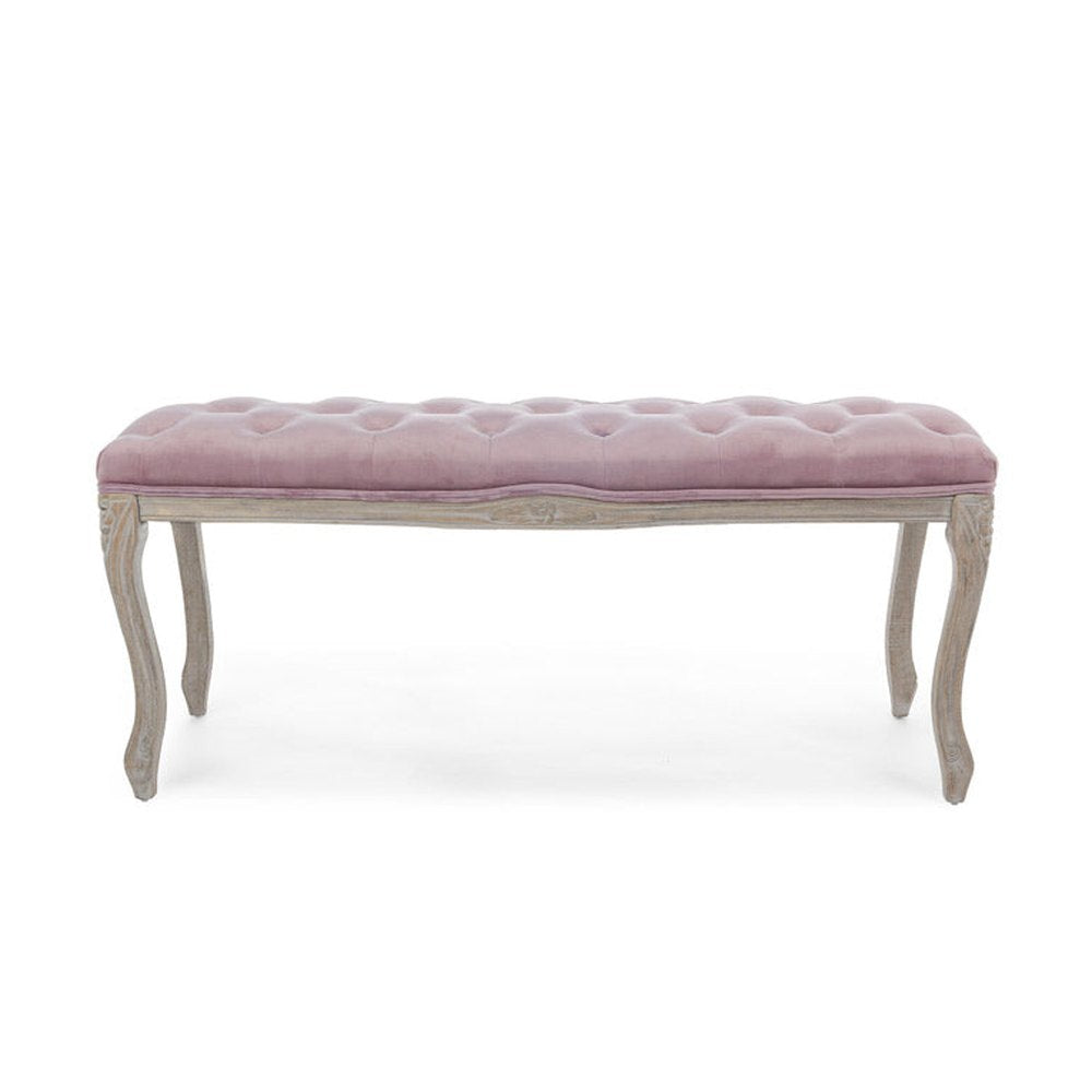 Koloniál stílusú, nyírfából és kaucsukfából készült, mályva színű, bársonyhatású textíliával kárpitozott kézműves ülőpad.