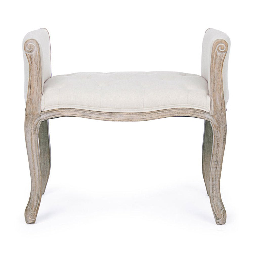 Koloniál stílusú, kaucsukfából készült, fehér színű textillel kárpitozott ülőpad karfával.