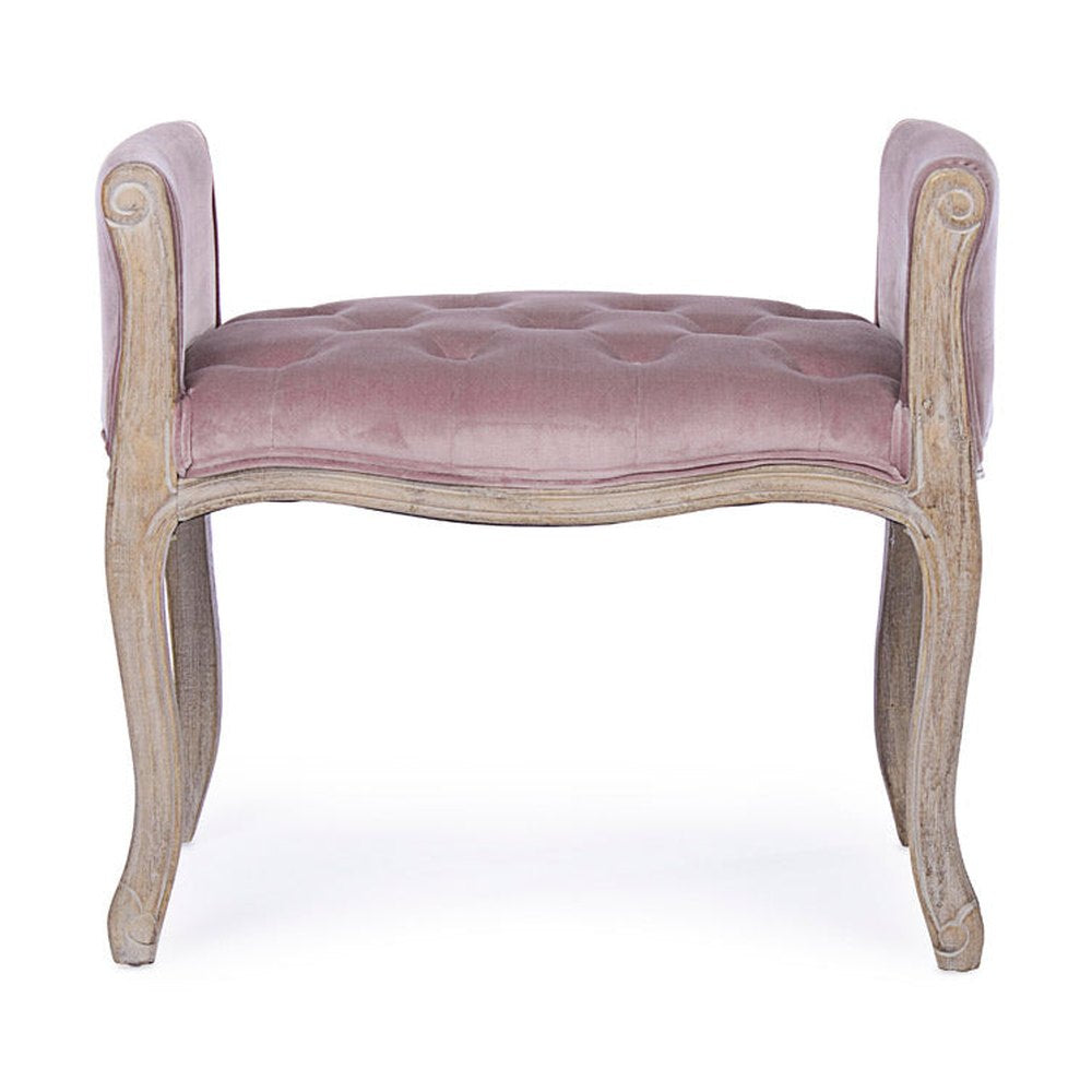 Koloniál stílusú, kaucsukfából készült, mályva színű textillel kárpitozott ülőpad karfával.