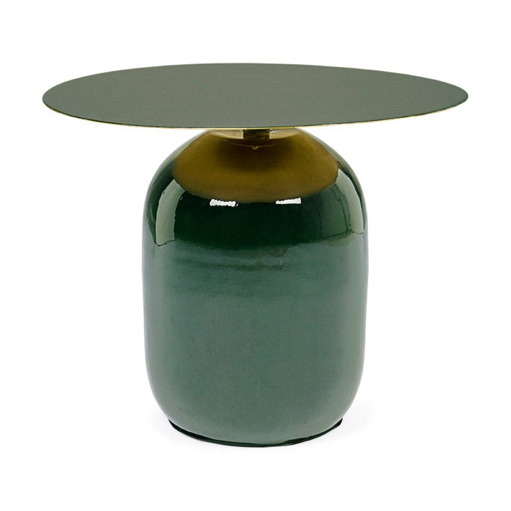 Kortárs stílusú, zománcozott acélból készült, sötétzöld-arany színű kisasztal.