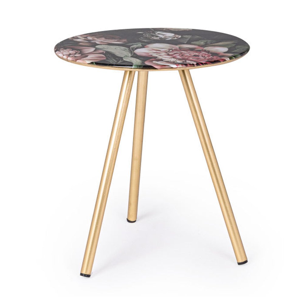 Acélból készült kisasztal arany színű lábakkal és virágmintás zománcfestéssel a fedlapján.