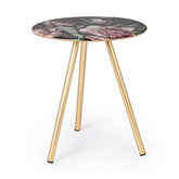 Acélból készült kisasztal arany színű lábakkal és virágmintás zománcfestéssel a fedlapján.