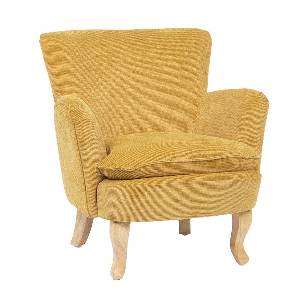 Retró stílusú, okkersárga színű, kordbársony-hatású szövettel kárpitozott kaucsukfa fotel.