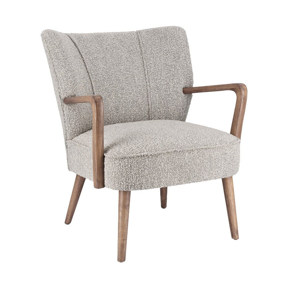 Retró stílusú, világosszürke szövettel kárpitozott kaucsukfa klubfotel.