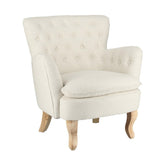 Vintage stílusú, fehér színű, bukléhatású pamutszövettel kárpitozott fenyőfa fotel.