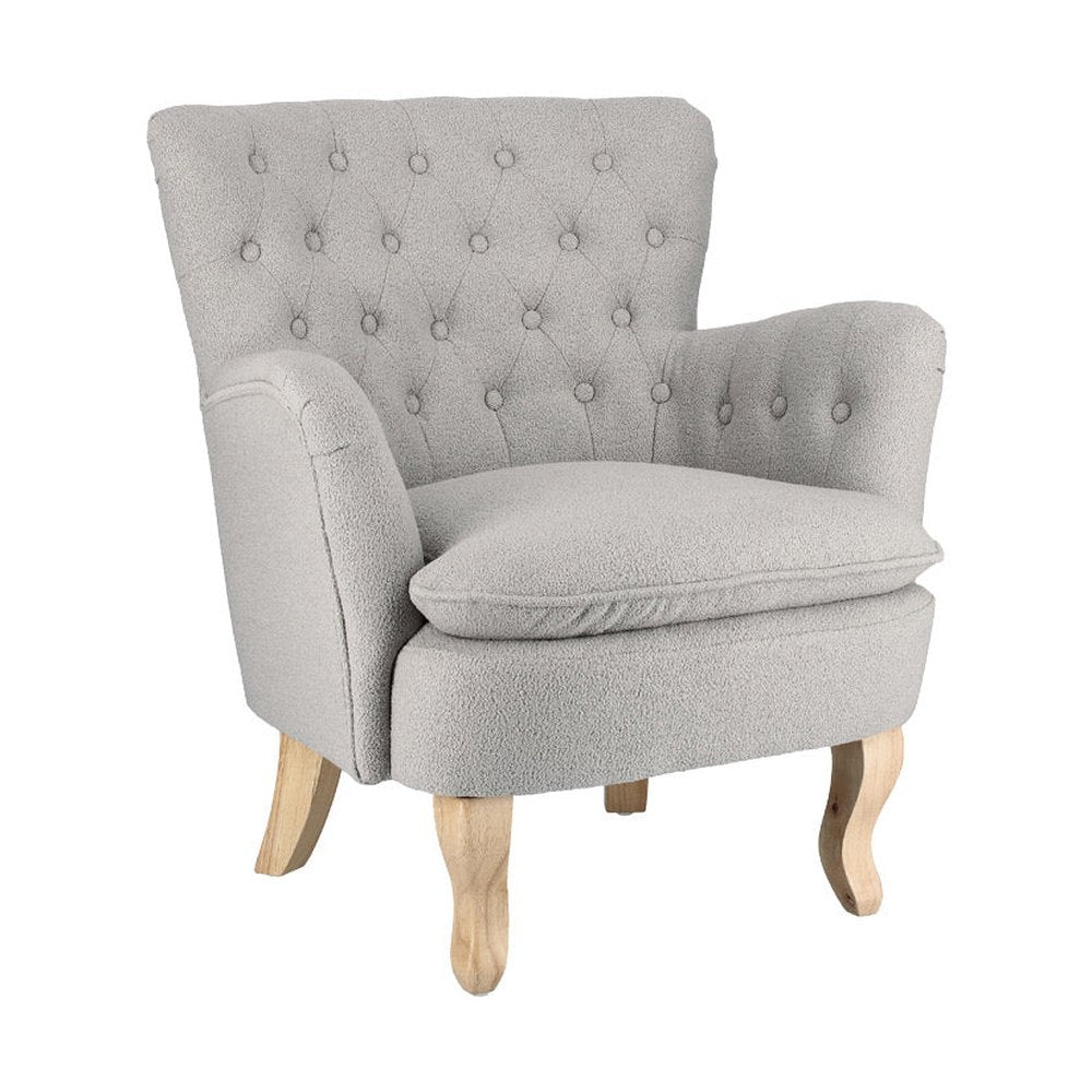 Vintage stílusú, szürke színű, bukléhatású pamutszövettel kárpitozott fenyőfa fotel.