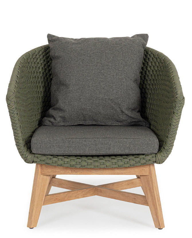 A négyrészes, zöld és szürke színű, design kerti ülőgarnitúra fotel része.