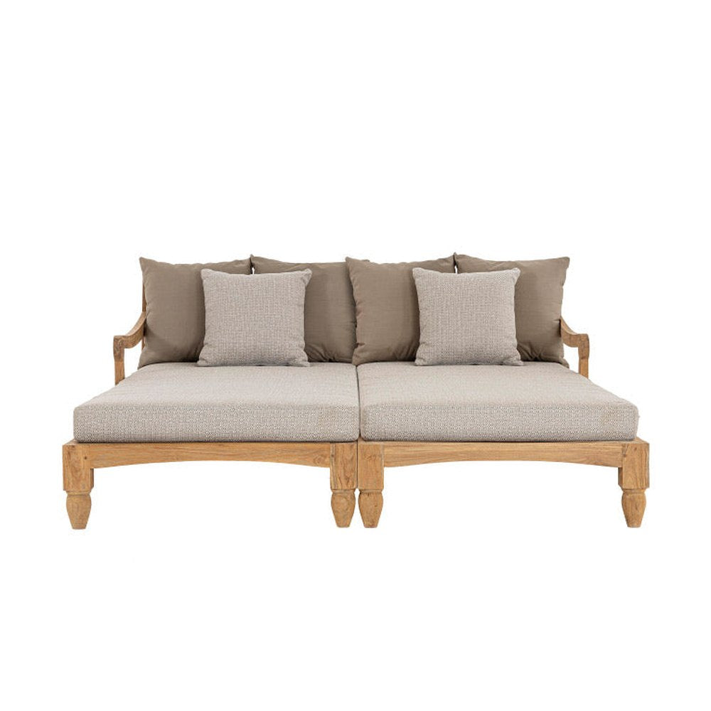 Két darabos, keleti stílusú teakfa pihenőágy szett bézs színű ülő- és hátpárnákkal.