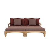 Két darabos, keleti stílusú teakfa pihenőágy szett bordó színű ülő- és hátpárnákkal.