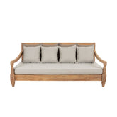 Keleti stílusú teakfa kanapé bézs színű ülő- és hátpárnákkal.