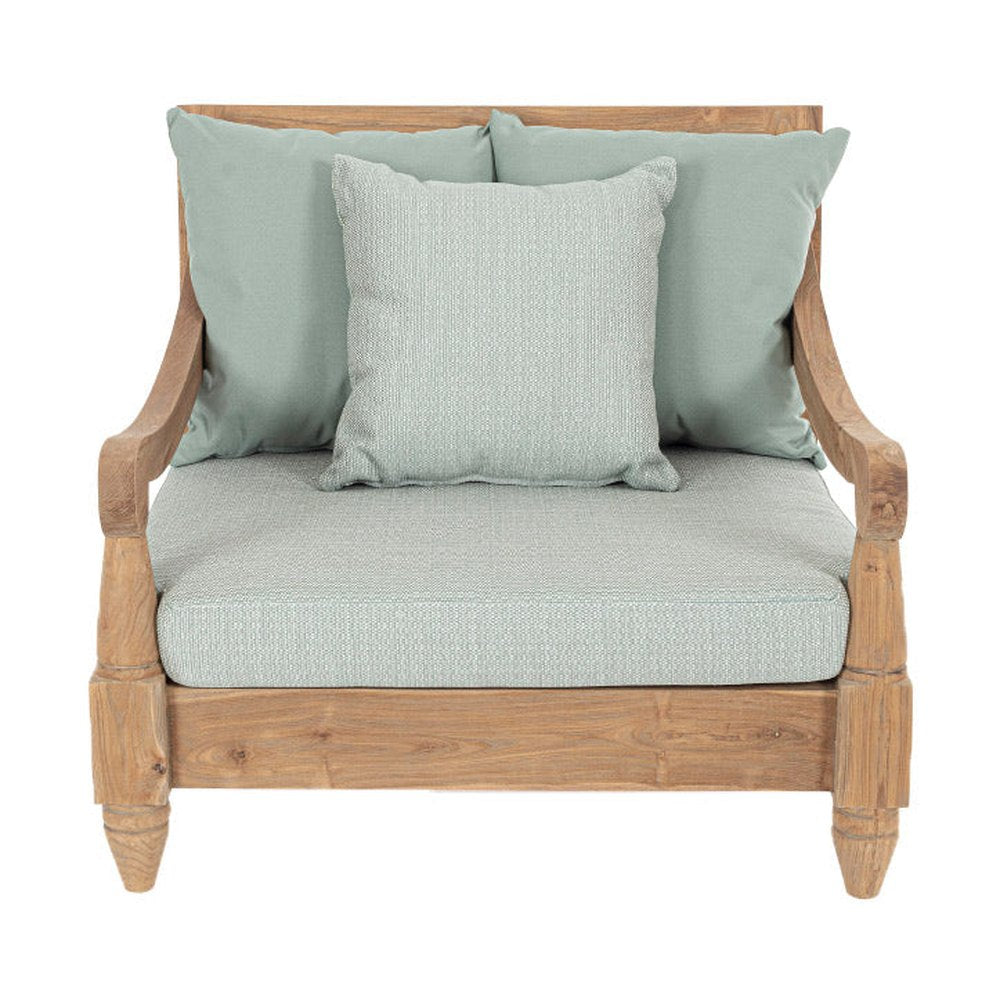 Keleti stílusú teakfa fotel zöldeskék ülő- és hátpárnákkal.