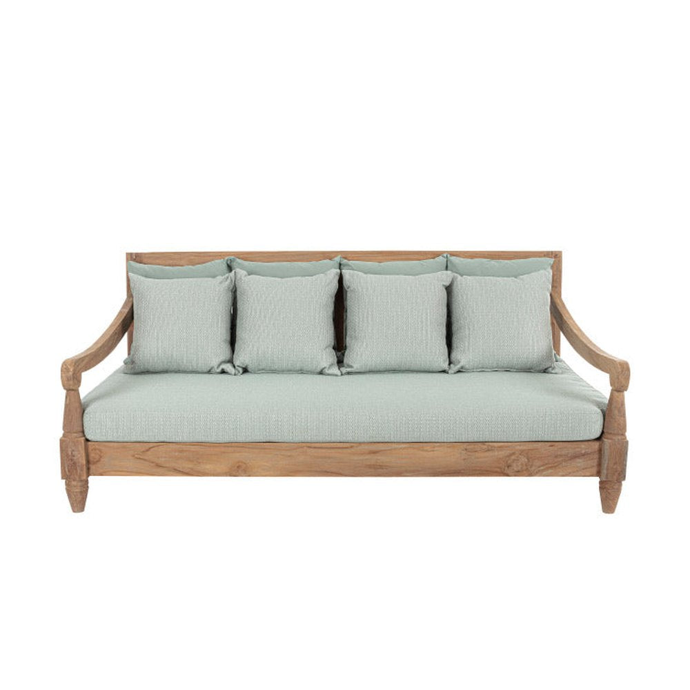 Keleti stílusú teakfa kanapé zöldeskék ülő- és hátpárnákkal.