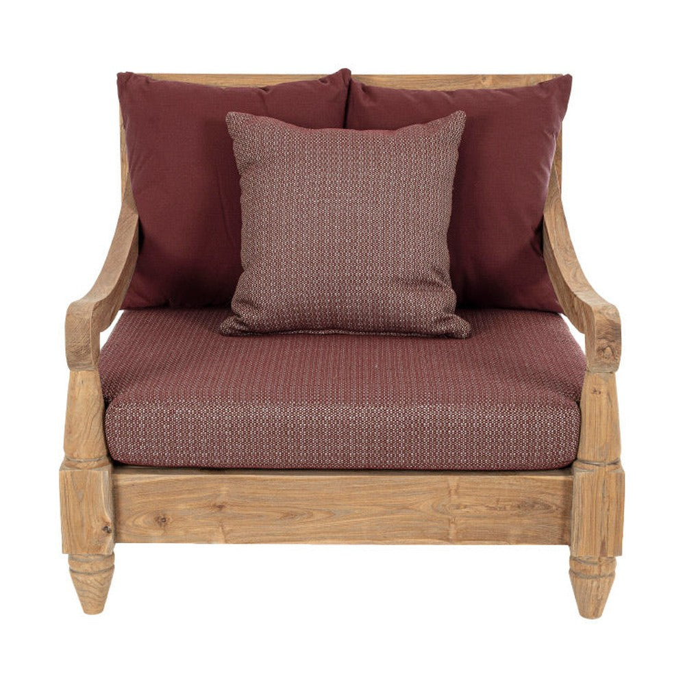 Keleti stílusú teakfa fotel bordó színű ülő- és hátpárnákkal.