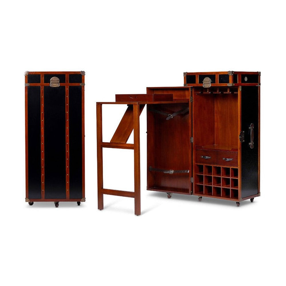 Századfordulós utazási bőröndök stílusában készült, fekete és mahagóni színű többfukciós bárszekrény görgőkön.