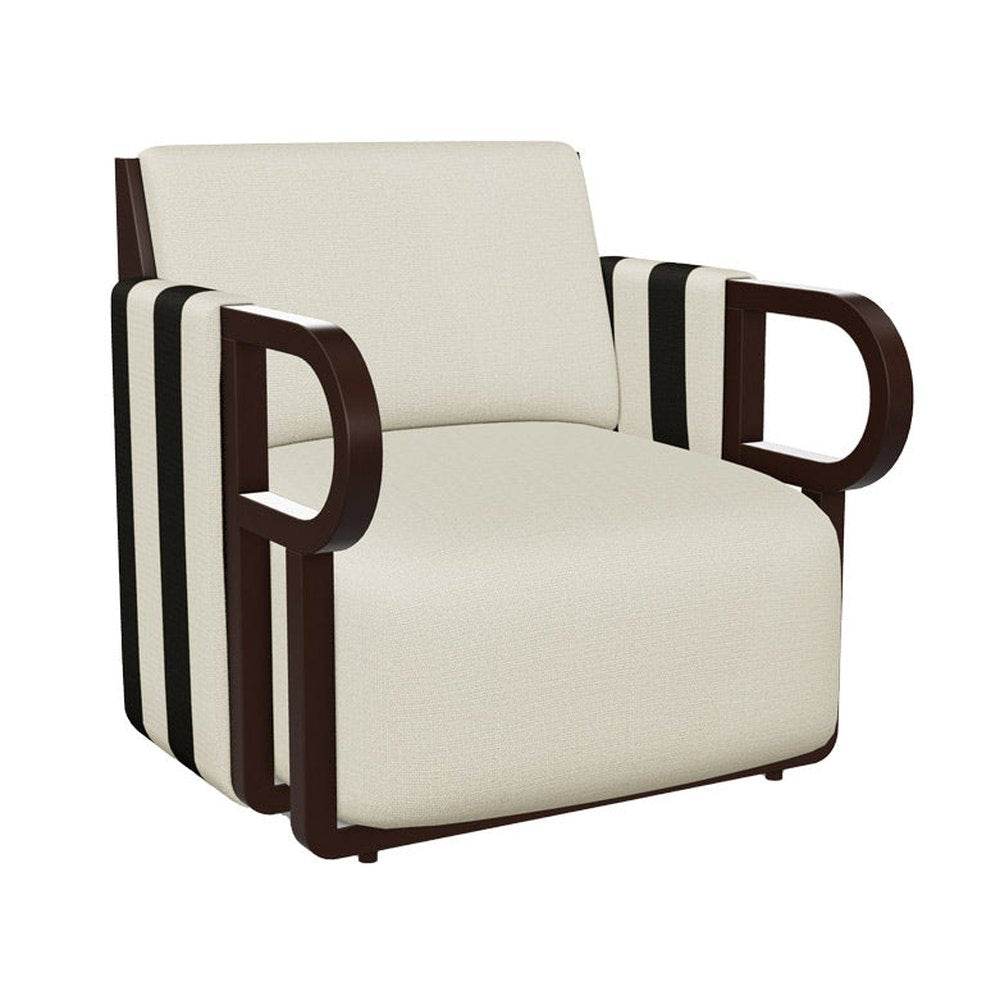 Kőrisfából készült, századközepi modern stílusú, design fotel fekete és fehér sávozott kárpitozással